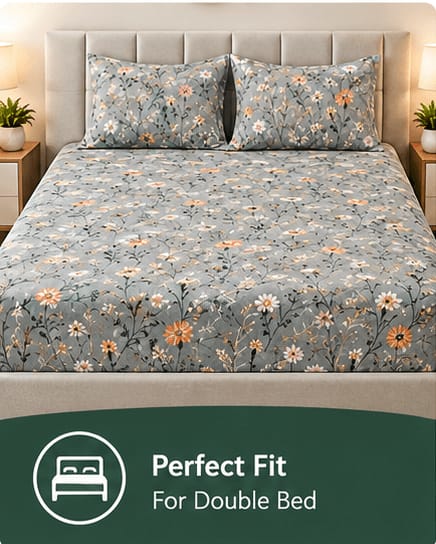 Rainstar Fitted Double Bedsheet 225x250 cm with 2 Pillow Covers - Grey Wildflower Print