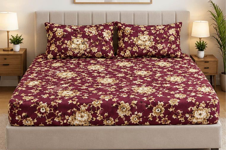 Maruti Fitted Double Bedsheet with 2 Pillow Covers - Maroon Floral (Fits up to 6x6.6 ft)