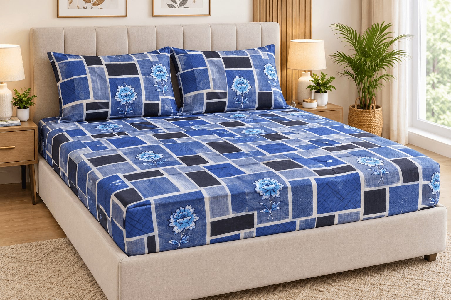 Maruti Fitted Double Bedsheet with 2 Pillow Covers - Navy Blue Patchwork Floral (Fits up to 6x6.6 ft)