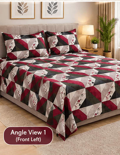 Dev D'Decor Double Bedsheet 230x245 cm with 2 Pillow Covers - Maroon Diamond Patchwork Floral (Book-Style Gift Box)