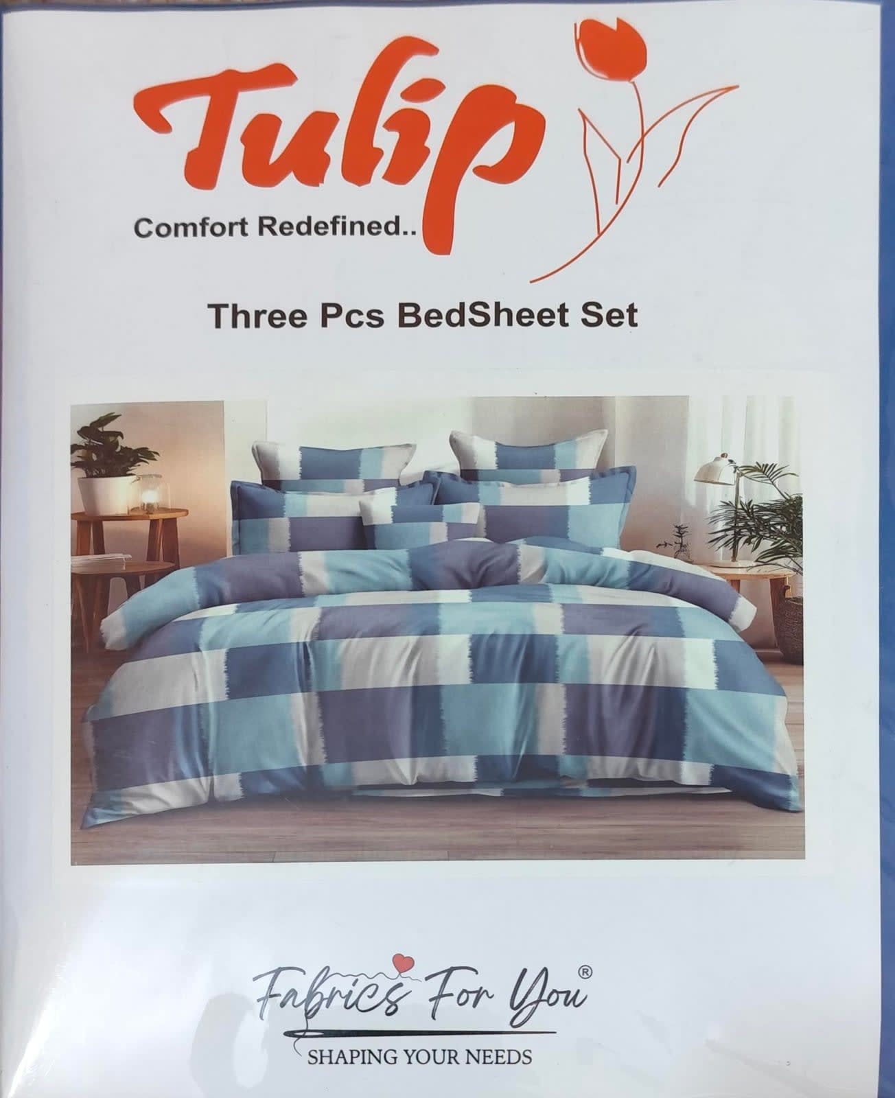 Tulip Three-Piece Double Bedsheet Set 90x100 Inch with 2 Pillow Covers - Blue Grey Colorblock Check