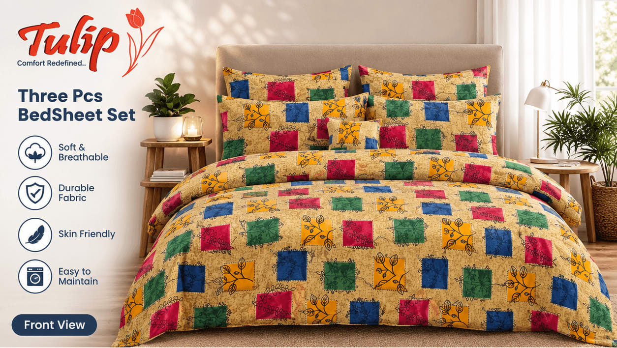 Dev D'Decor Double Bedsheet 230x245 cm with 2 Pillow Covers - Mustard Multicolour Patchwork Leaf Print (Gift Box)