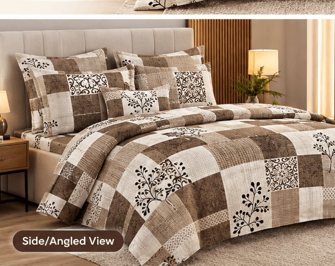 Dev D'Decor Double Bedsheet 230x245 cm with 2 Pillow Covers - Beige Brown Damask Patchwork Floral (Gift Box)