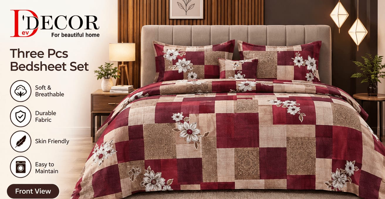 Dev D'Decor Double Bedsheet 230x245 cm with 2 Pillow Covers - Maroon Beige Daisy Patchwork Floral (Gift Box)