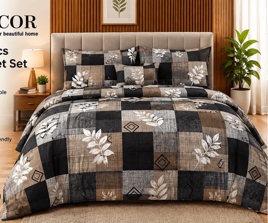 Dev D'Decor Double Bedsheet 230x245 cm with 2 Pillow Covers - Charcoal Grey Fern Leaf Patchwork (Gift Box)