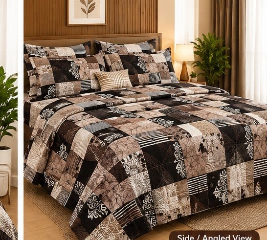 Glace Fitted Double Bedsheet 72x78 Inch with 2 Pillow Covers - Brown Taupe Geometric Patchwork