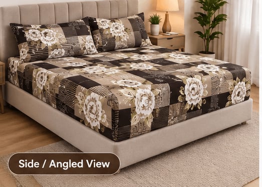 Maruti Fitted Double Bedsheet with 2 Pillow Covers - Brown Tan Striped White Rose Floral (Fits up to 6x6.6 ft)