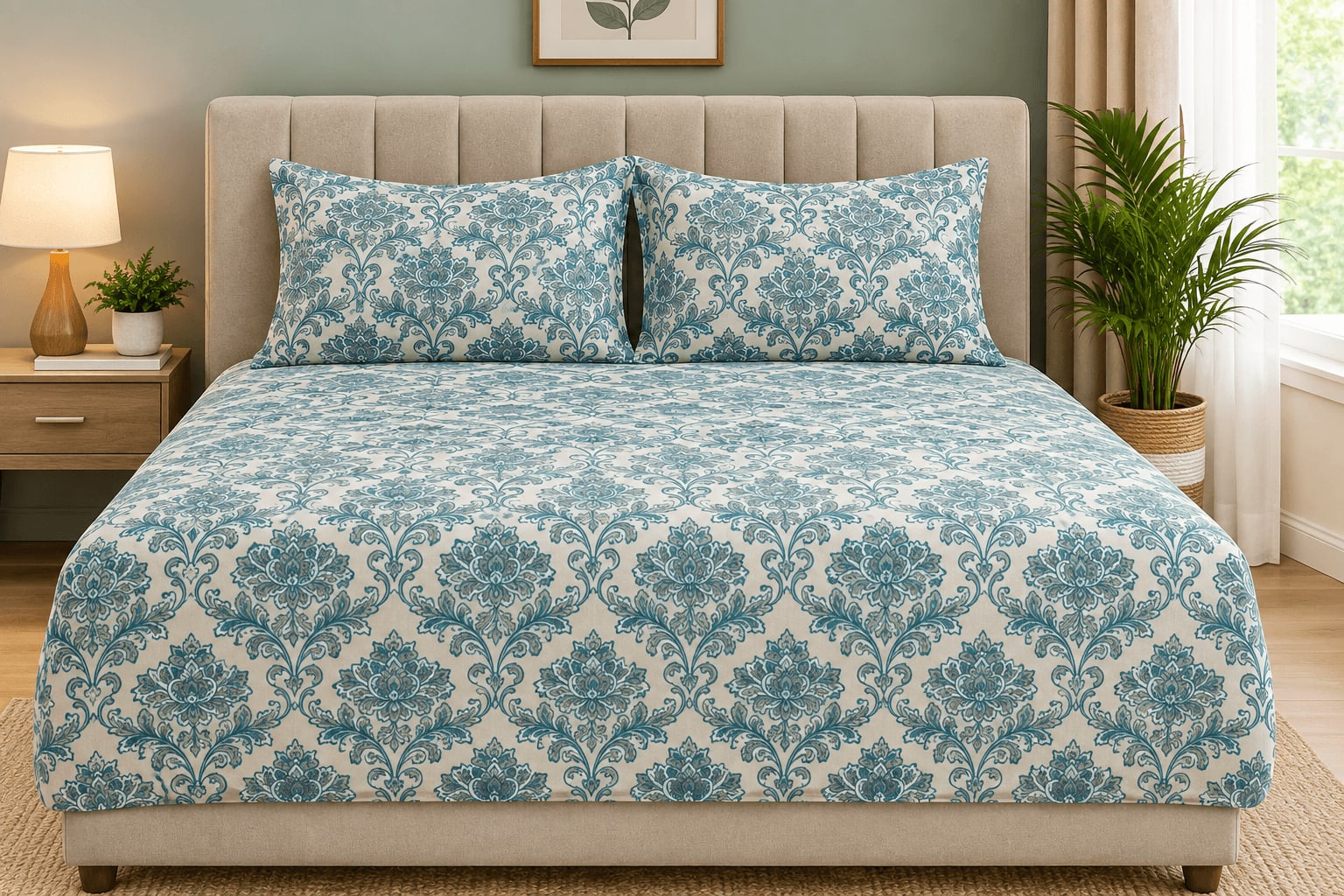 Maruti Fitted Double Bedsheet with 2 Pillow Covers - Blush Pink Teal Damask Paisley (Fits up to 6x6.6 ft)