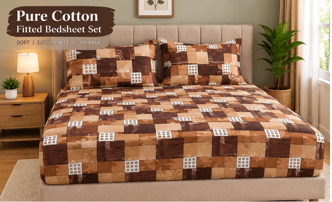 Fitted Double Bedsheet with 2 Pillow Covers - Brown Tan Abstract Camo Print (Fits up to 6x6.6 ft)