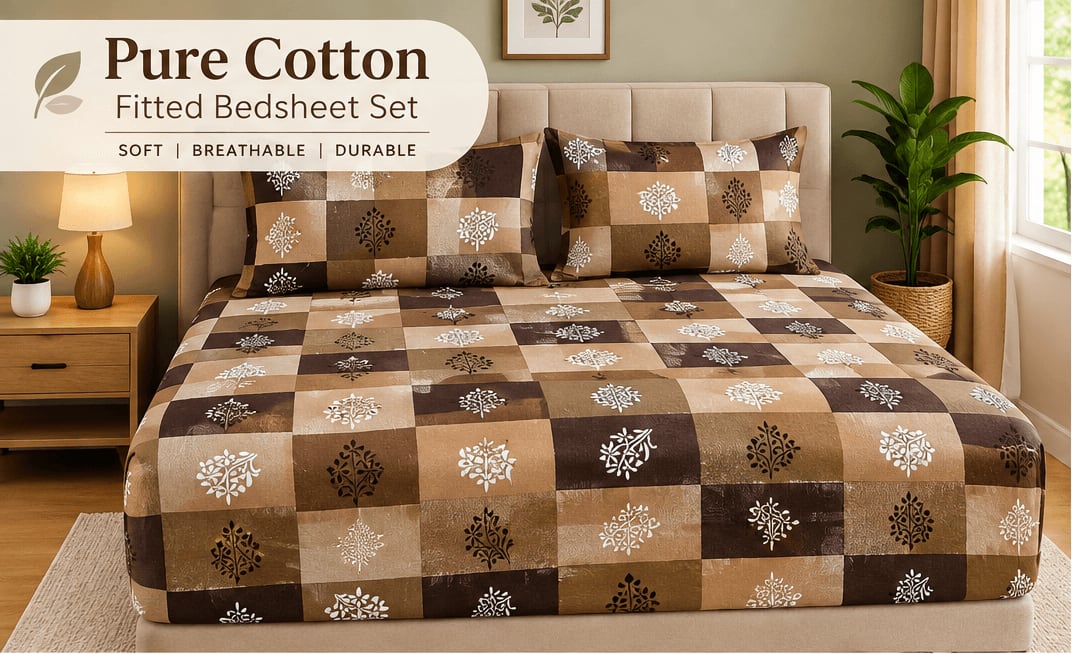 Fitted Double Bedsheet with 2 Pillow Covers - Brown Beige Checkered Floral Spray (Fits up to 6x6.6 ft)