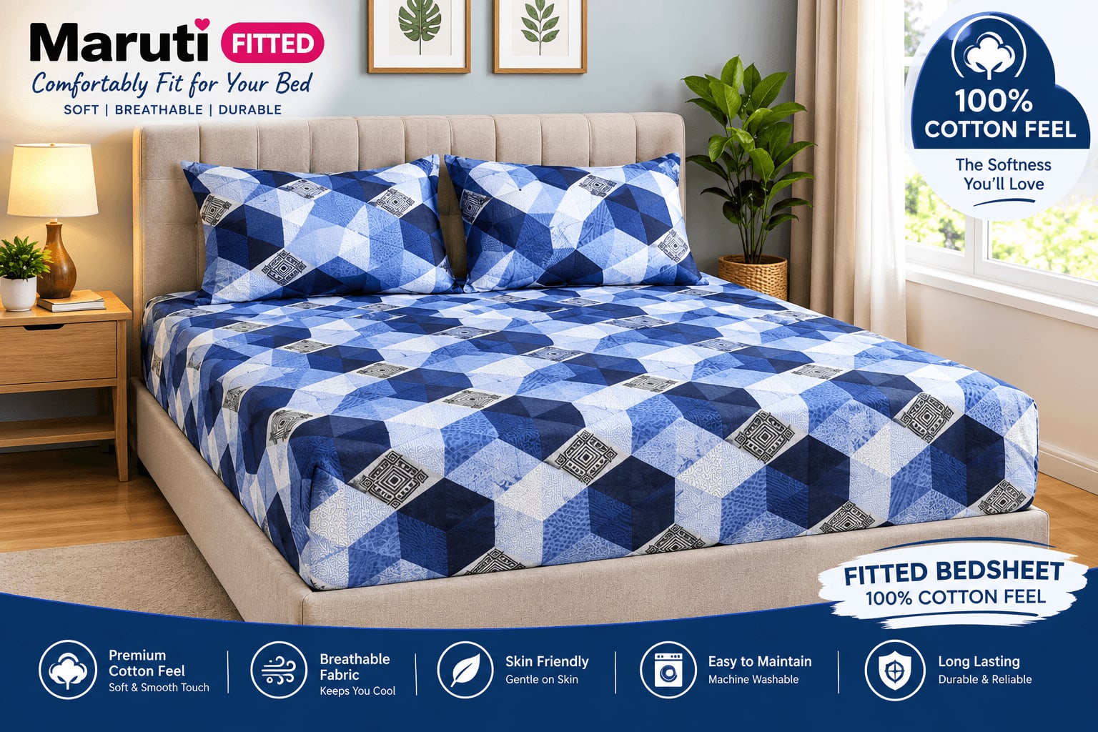 Maruti Fitted Double Bedsheet with 2 Pillow Covers - Navy Grey 3D Cube Geometric (Fits up to 6x6.6 ft)