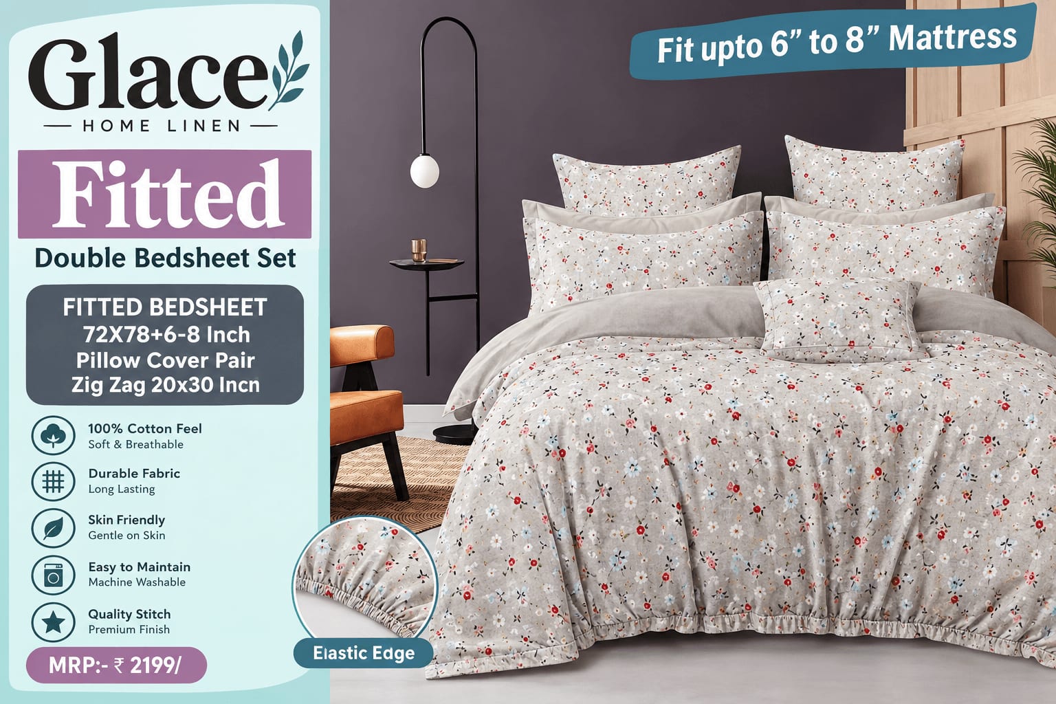 Glace Fitted Double Bedsheet 72x78 Inch with 2 Pillow Covers - Taupe Pink Ditsy Floral