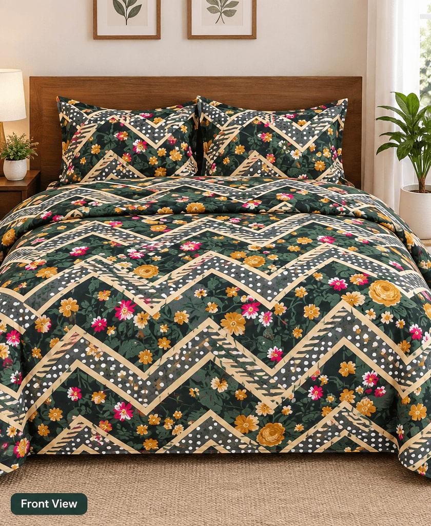 Dev D'Decor Double Bedsheet 230x245 cm with 2 Pillow Covers - Black Olive Chevron Floral (Gift Box)
