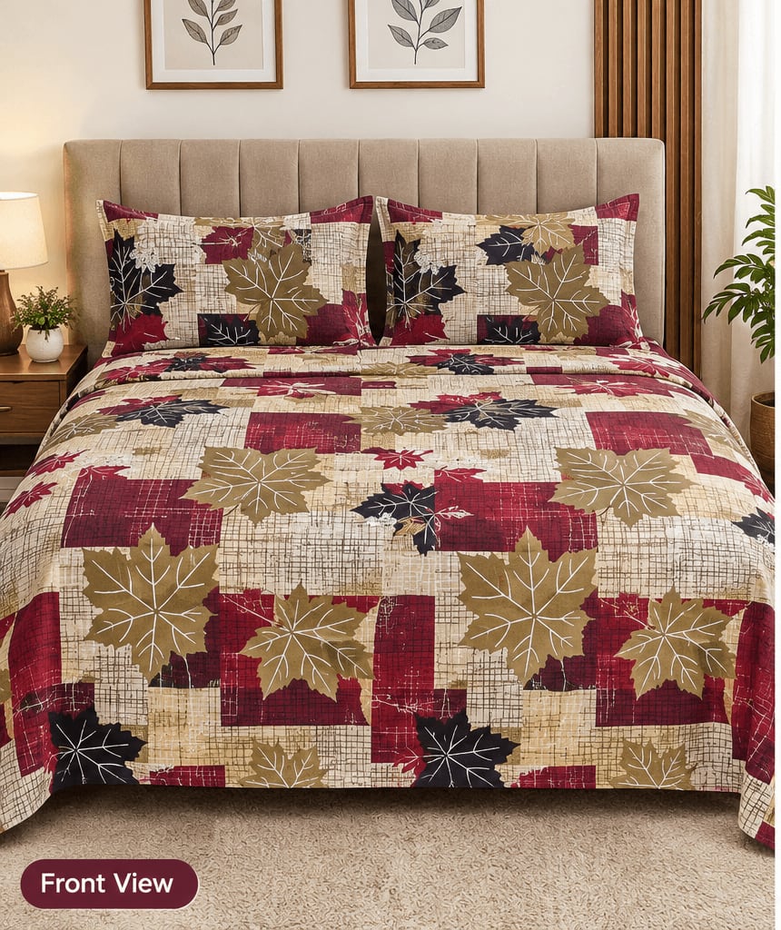 Dev D'Decor Double Bedsheet 230x245 cm with 2 Pillow Covers - Maroon Brown Maple Leaf Patchwork (Gift Box)
