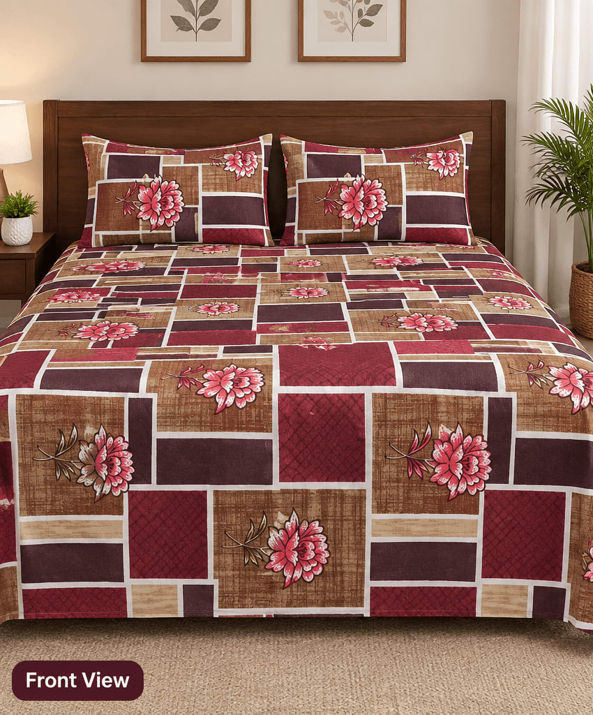 Dev D'Decor Double Bedsheet 230x245 cm with 2 Pillow Covers - Maroon Beige Patchwork Floral (Gift Box)