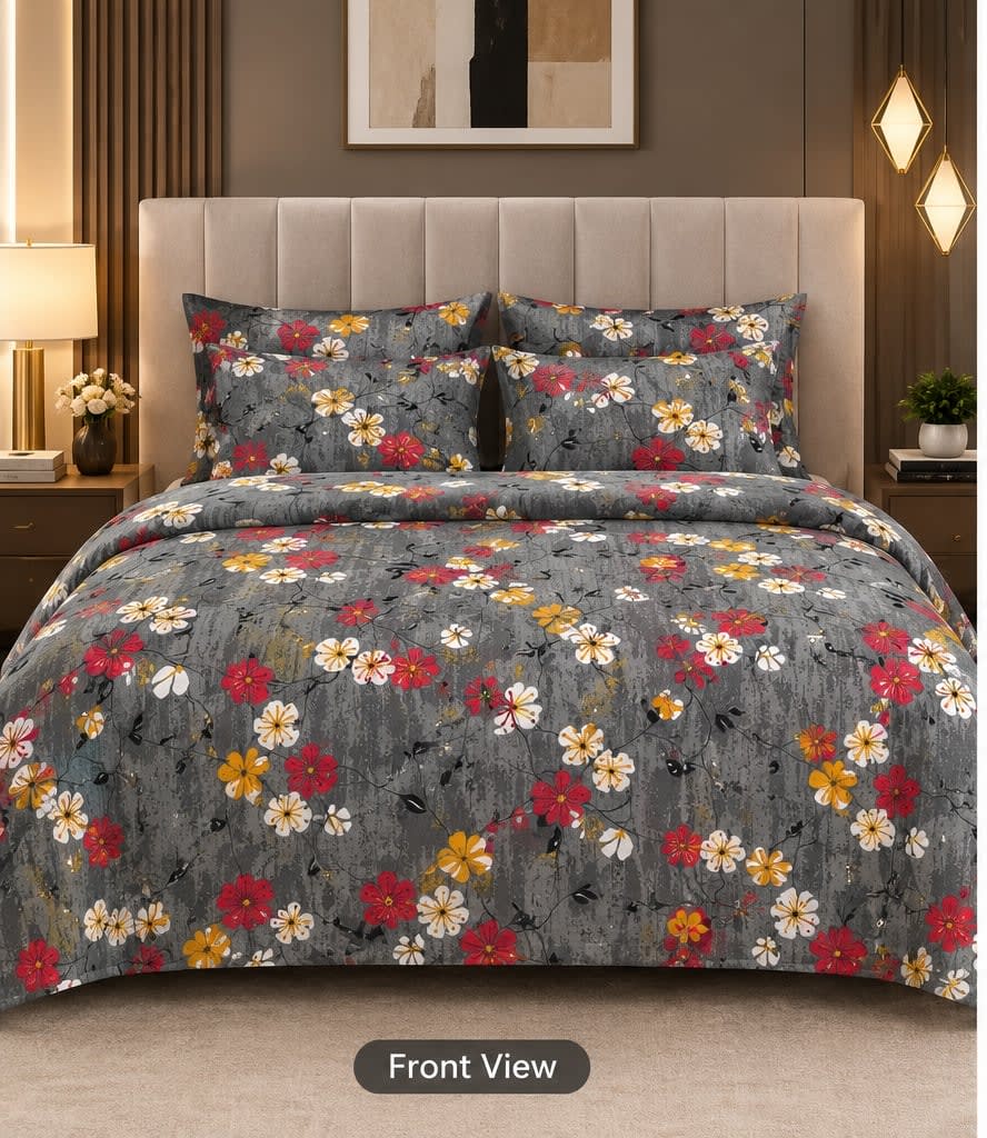 Dev D'Decor Double Bedsheet 230x245 cm with 2 Pillow Covers - Grey Red Ditsy Cherry Blossom Floral (Gift Box)