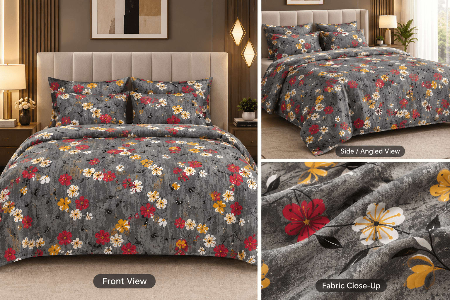 डेव डीडेकोर डबल बेडशीट 230x245 सेमी, 2 तकिए के कवर सहित - ग्रे रेड डिट्सी चेरी ब्लॉसम फ्लोरल (गिफ्ट बॉक्स) - photo 8