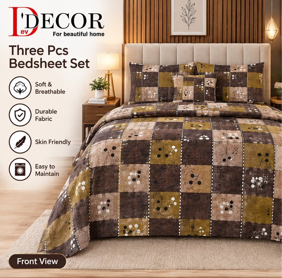 Dev D'Decor Double Bedsheet 230x245 cm with 2 Pillow Covers - Brown Tan Patchwork Cherry Print (Gift Box)