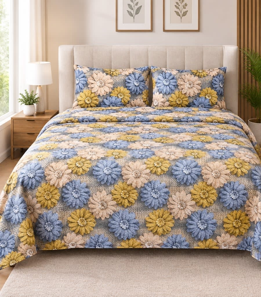 Dev D'Decor Double Bedsheet 230x245 cm with 2 Pillow Covers - Grey Blue Mustard 3D Zinnia Floral (Gift Box)