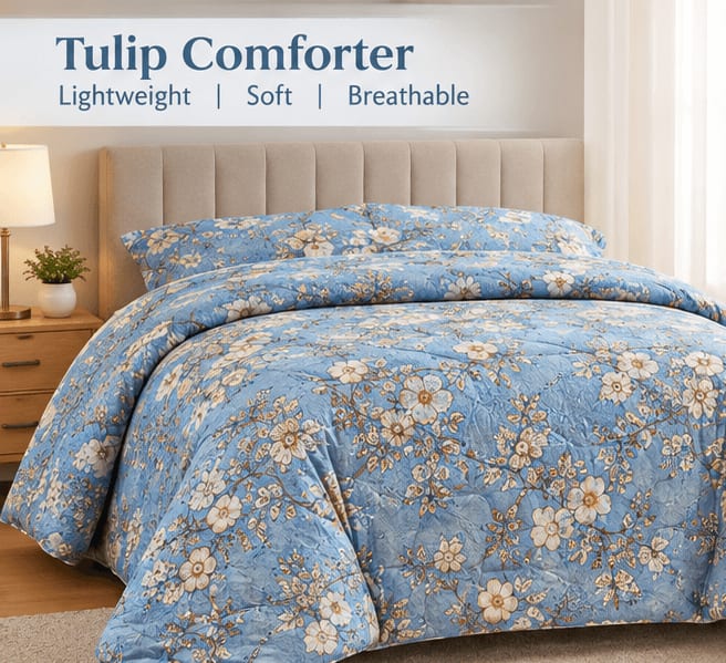 Veeba White Lilly Reversible Microfibre Comforter, Double Bed 90x72 inches - Dusty Blue Floral Branch
