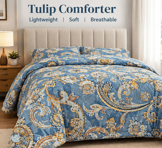 Veeba White Lilly Reversible Microfibre Comforter, Double Bed 90x72 inches - Blue Cream Paisley