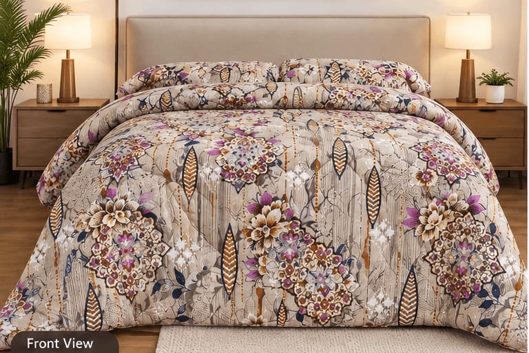 Tulip Original Reversible Microfibre Comforter, Double Bed 90x72 inches - Beige Purple Floral Medallion