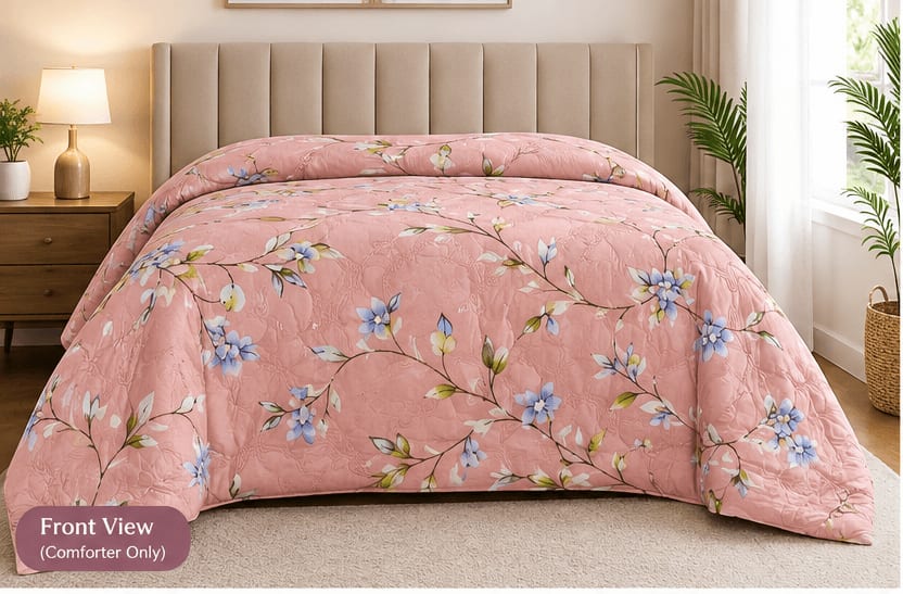 Tulip Original Reversible Microfibre Comforter, Double Bed 90x72 inches - Peach Blue Floral Vine