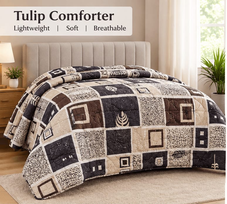 Veeba White Lilly Reversible Microfibre Comforter, Double Bed 90x72 inches - Charcoal Brown Geometric Patchwork