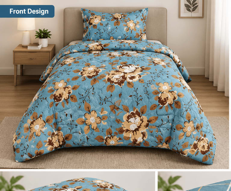 Tulip Original Reversible Microfibre Comforter, Single Bed 90x50 inches - Dusty Blue Floral Rose