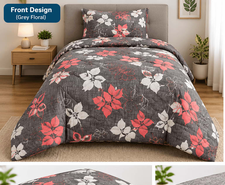 Tulip Original Reversible Microfibre Comforter, Single Bed 90x50 inches - Charcoal Grey Botanical Leaf