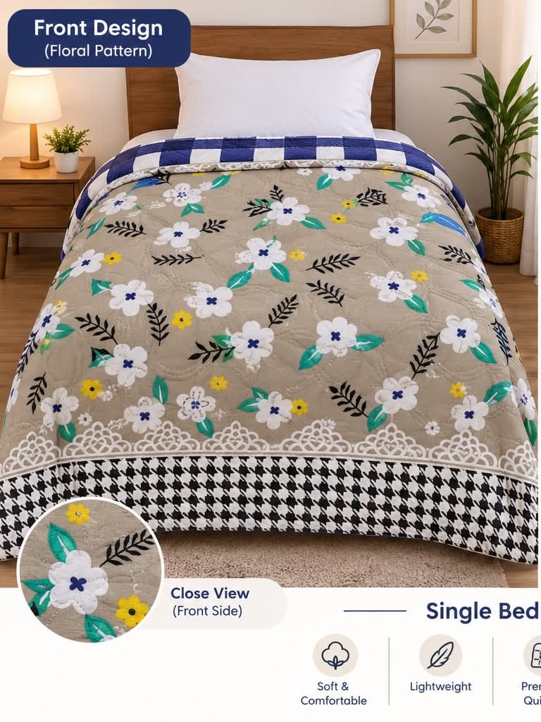 Tulip Original Reversible Microfibre Comforter, Single Bed 90x50 inches - Navy Check Floral Patchwork
