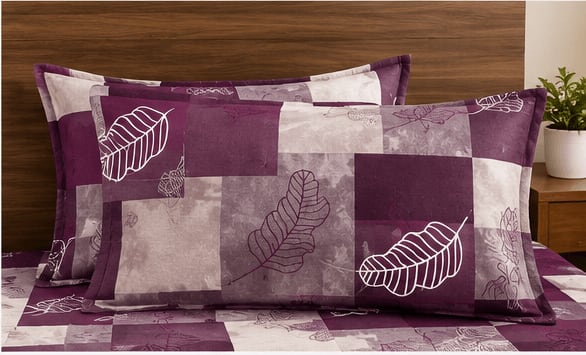 Dev D'Decor Double Bedsheet 230x245 cm with 2 Pillow Covers - Purple Grey Leaf Patchwork (Gift Box)