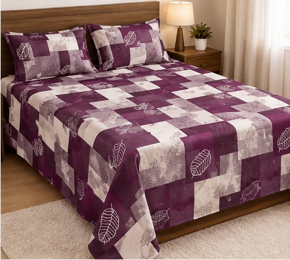 Dev D'Decor Double Bedsheet 230x245 cm with 2 Pillow Covers - Purple Grey Leaf Patchwork (Gift Box)
