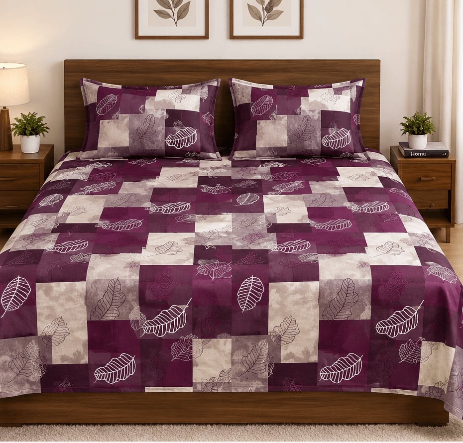 Dev D'Decor Double Bedsheet 230x245 cm with 2 Pillow Covers - Purple Grey Leaf Patchwork (Gift Box)