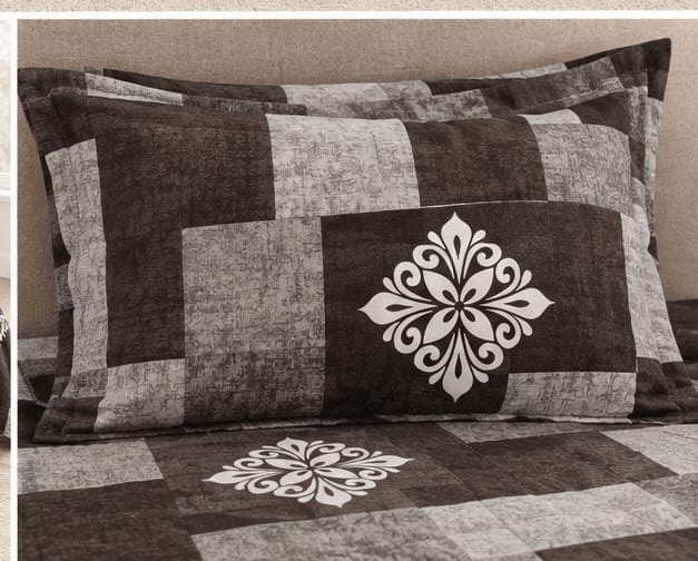 Dev D'Decor Double Bedsheet 230x245 cm with 2 Pillow Covers - Charcoal Grey Medallion Patchwork (Gift Box)