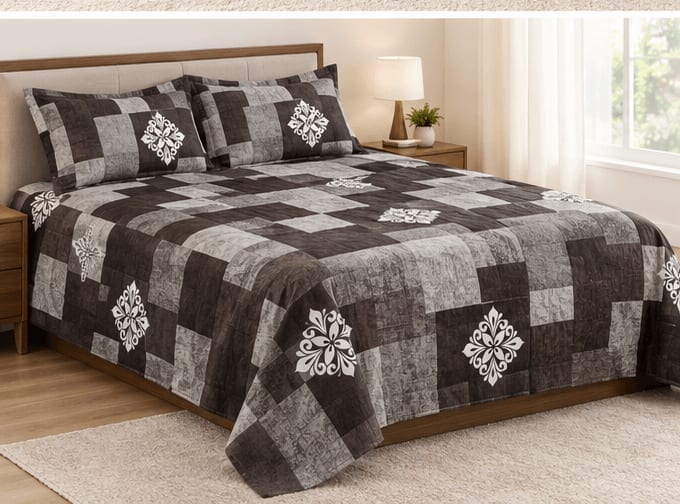 Dev D'Decor Double Bedsheet 230x245 cm with 2 Pillow Covers - Charcoal Grey Medallion Patchwork (Gift Box)