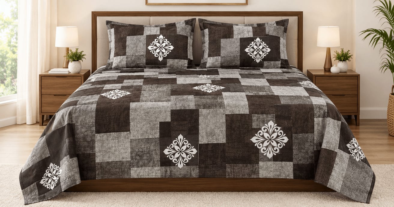 Dev D'Decor Double Bedsheet 230x245 cm with 2 Pillow Covers - Charcoal Grey Medallion Patchwork (Gift Box)