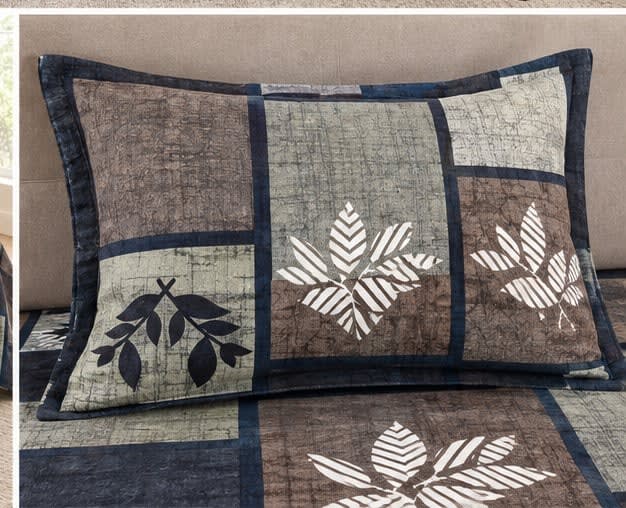Dev D'Decor Double Bedsheet 230x245 cm with 2 Pillow Covers - Navy Brown Beige Leaf Patchwork (Gift Box)