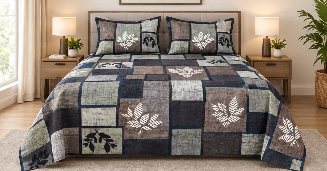 Dev D'Decor Double Bedsheet 230x245 cm with 2 Pillow Covers - Navy Brown Beige Leaf Patchwork (Gift Box)