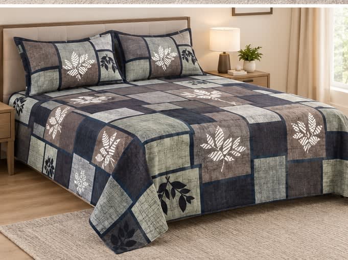 Dev D'Decor Double Bedsheet 230x245 cm with 2 Pillow Covers - Navy Brown Beige Leaf Patchwork (Gift Box)