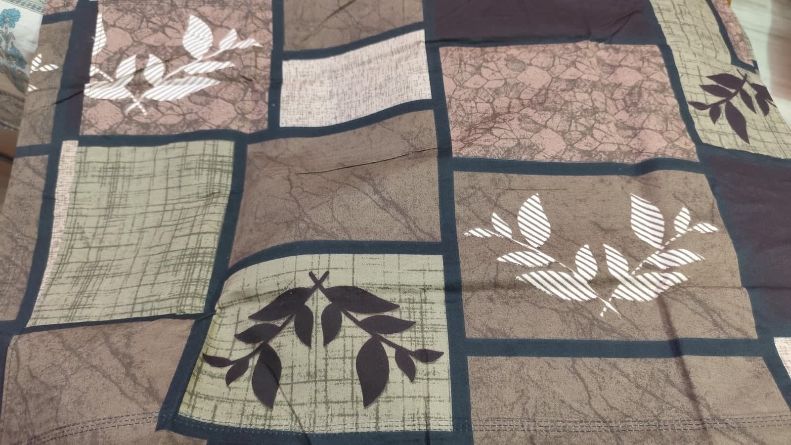 Dev D'Decor Double Bedsheet 230x245 cm with 2 Pillow Covers - Navy Brown Beige Leaf Patchwork (Gift Box)