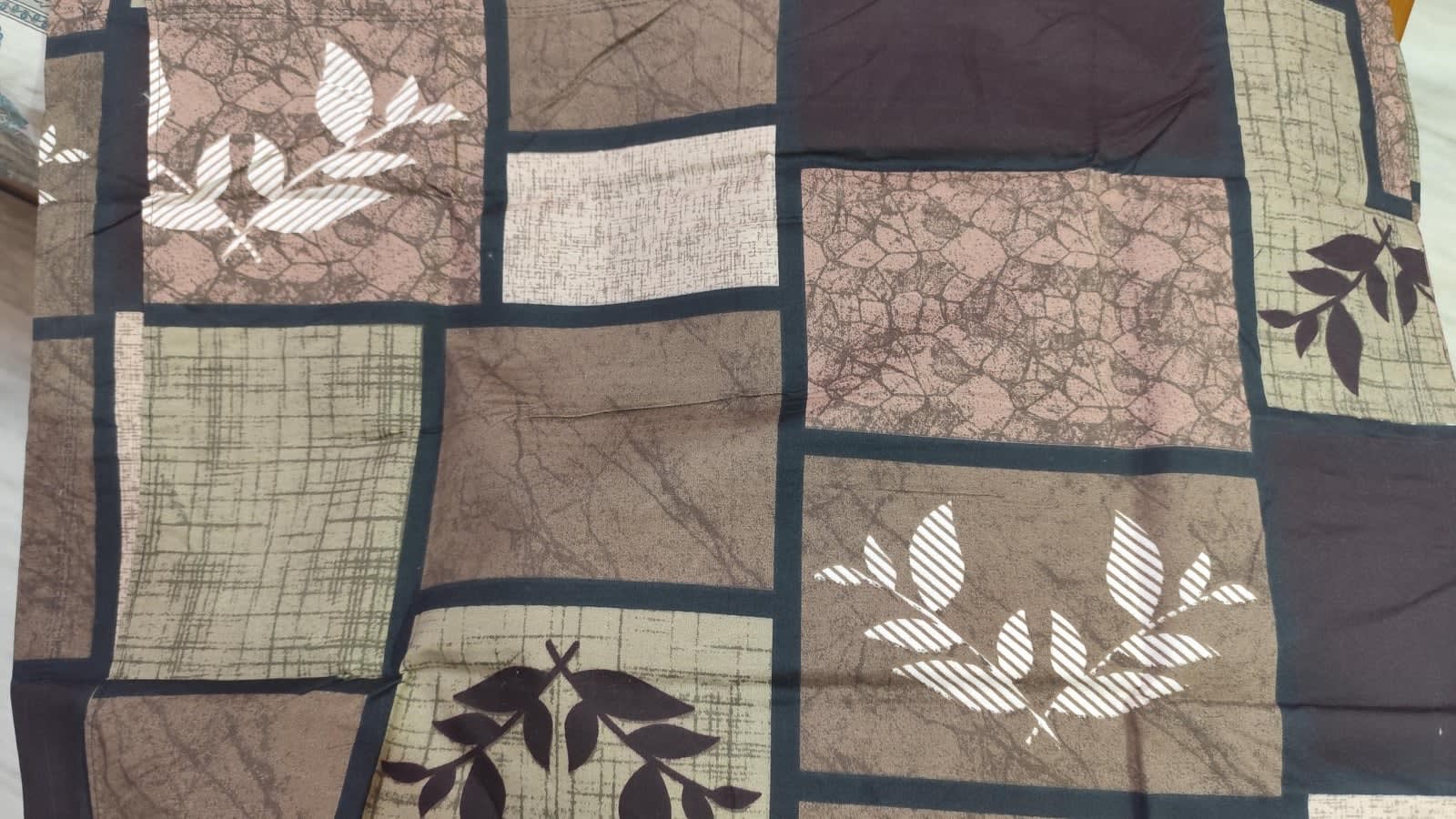 Dev D'Decor Double Bedsheet 230x245 cm with 2 Pillow Covers - Navy Brown Beige Leaf Patchwork (Gift Box)