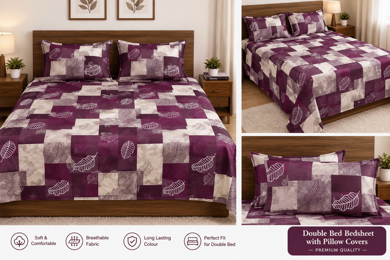 Dev D'Decor Double Bedsheet 230x245 cm with 2 Pillow Covers - Purple Grey Leaf Patchwork (Gift Box)