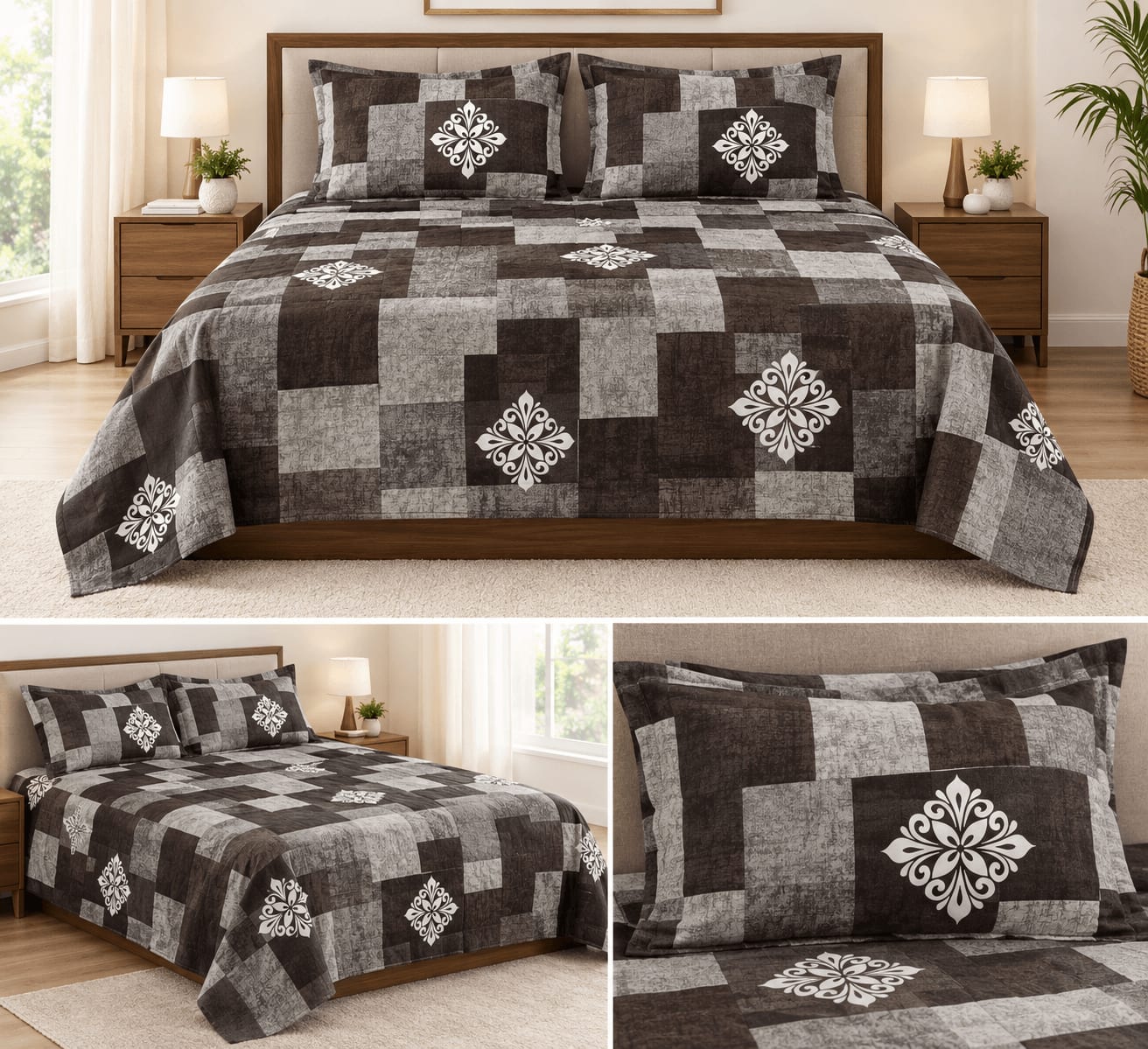 Dev D'Decor Double Bedsheet 230x245 cm with 2 Pillow Covers - Charcoal Grey Medallion Patchwork (Gift Box)