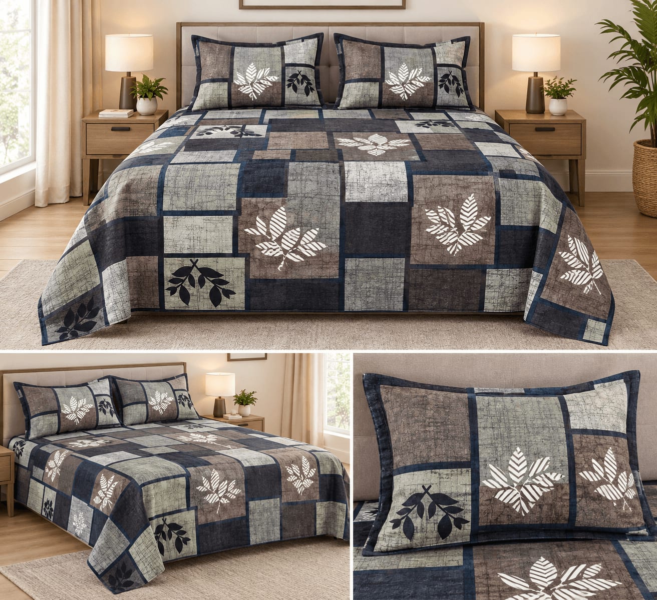 Dev D'Decor Double Bedsheet 230x245 cm with 2 Pillow Covers - Navy Brown Beige Leaf Patchwork (Gift Box)
