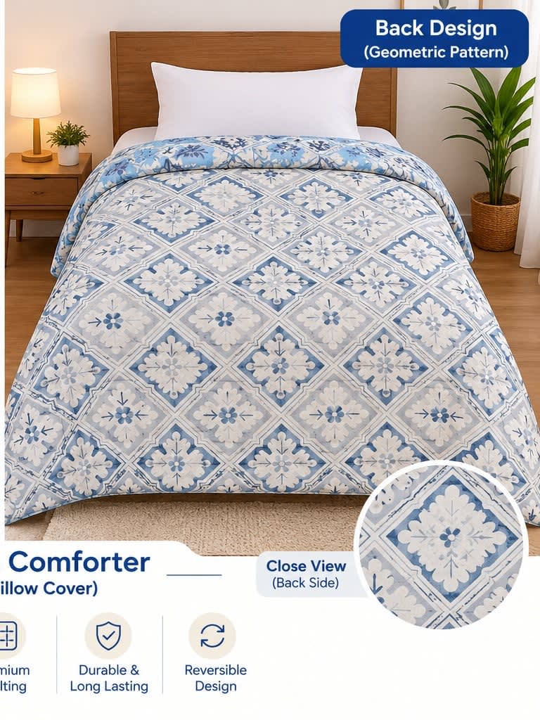 Tulip Original Reversible Microfibre Comforter, Single Bed 90x50 inches - Powder Blue Floral Leaf