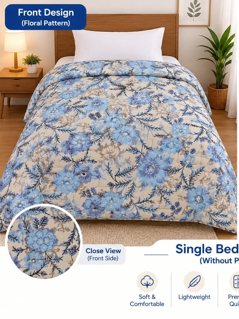 Tulip Original Reversible Microfibre Comforter, Single Bed 90x50 inches - Powder Blue Floral Leaf