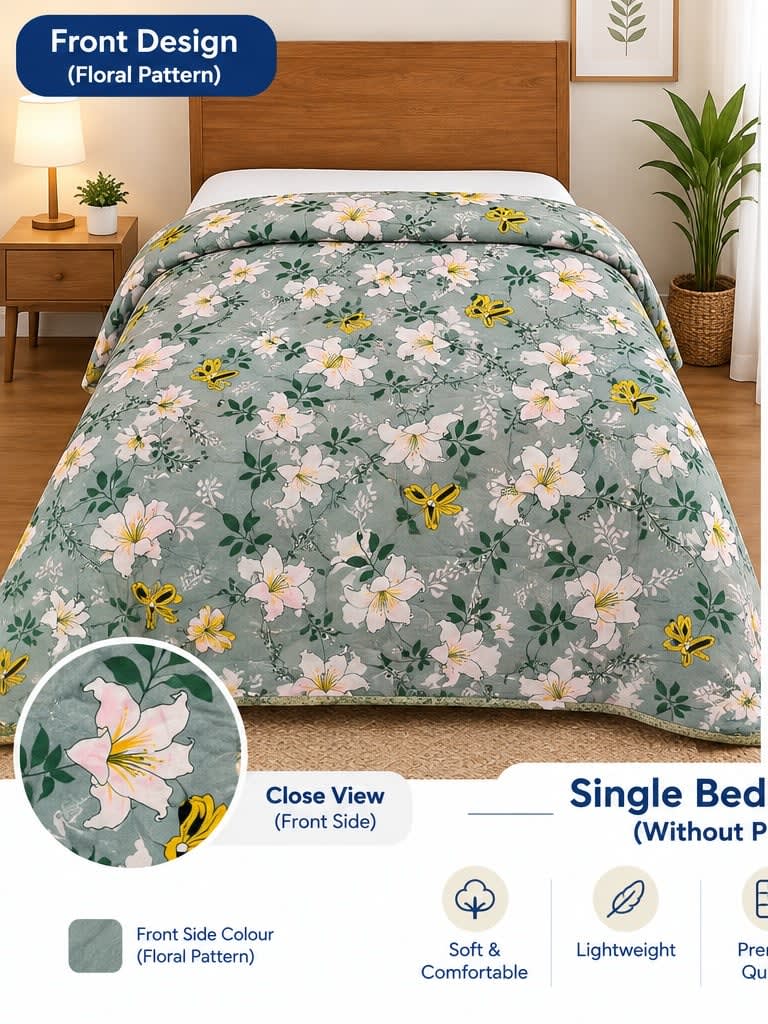 Tulip Original Reversible Microfibre Comforter, Single Bed 90x50 inches - Sage Green Lily Floral