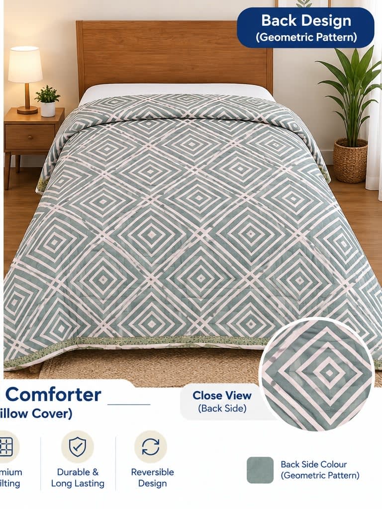 Tulip Original Reversible Microfibre Comforter, Single Bed 90x50 inches - Sage Green Lily Floral