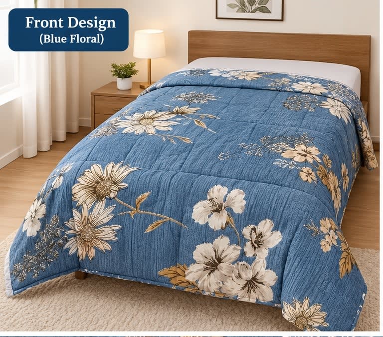 Tulip Original Reversible Microfibre Comforter, Single Bed 90x50 inches - Slate Blue Daisy Floral